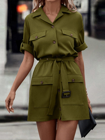 Tie Waist Collared Dress Army Green