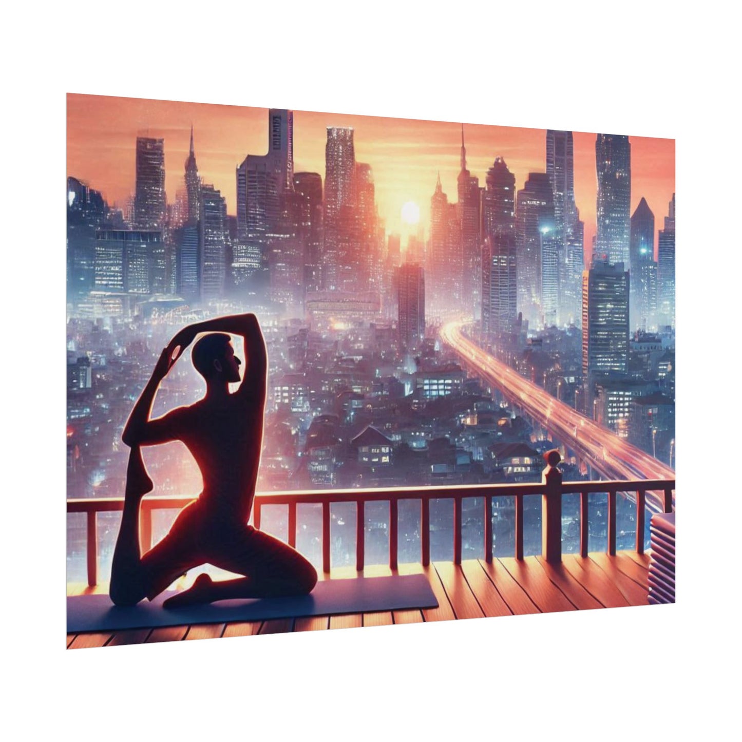 Yoga Poster, Cityscape Sunset Art, Rolled Wall Art, Pink Orange Skyline Decor, Urban Zen Meditation, Rooftop Exercise Print, Relaxation Gift