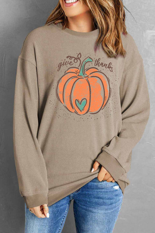 Pumpkin Graphic Round Neck Long Sleeve Sweatshirt Tan