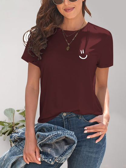 Smile Graphic Round Neck Short Sleeve T-Shirt Burgundy