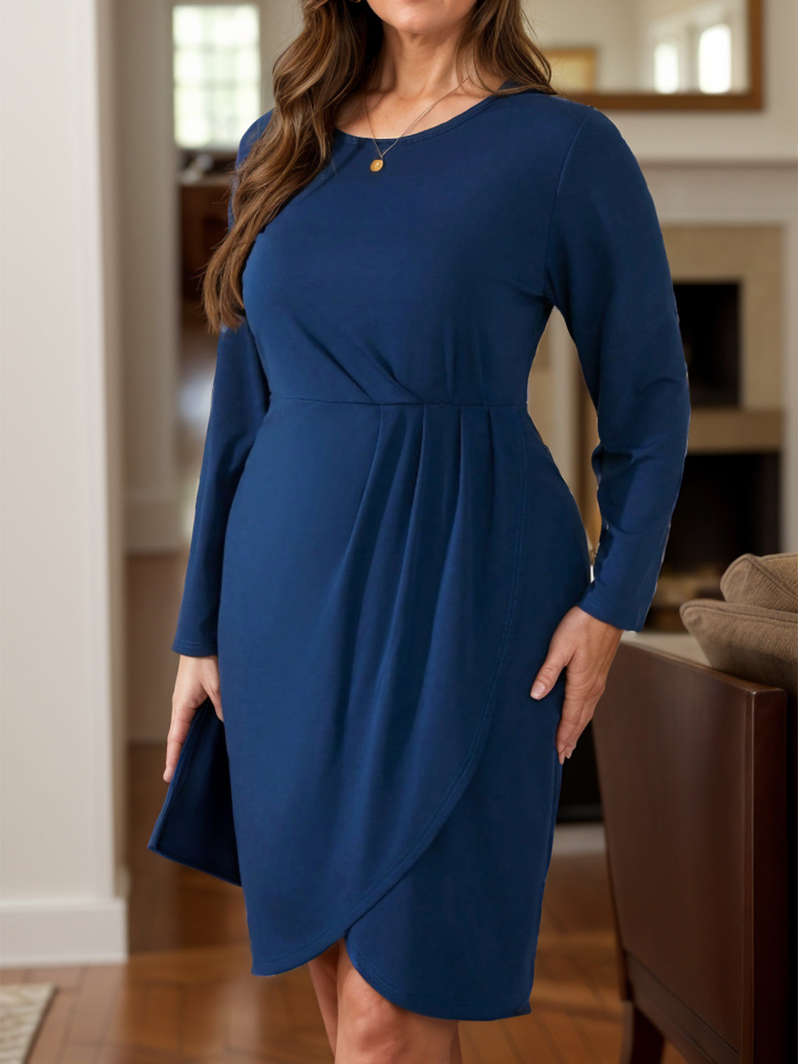 Ruched Round Neck Long Sleeve Mini Dress Navy