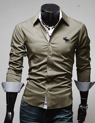 Men's Moose Elk Stitch Shirt - Unique Wildlife Design Dark khaki