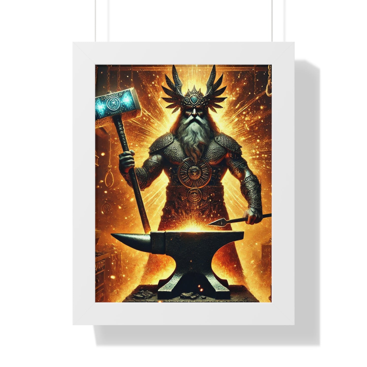 Ogun Blacksmith Framed Vertical Poster - Glowing Sparks, Molten Metal, Fire and Anvil - Wall Art Decor Print, African Deity, Orisha Home 12″ x 16″ White