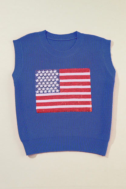 Sequin US Flag Round Neck Sweater Vest Navy