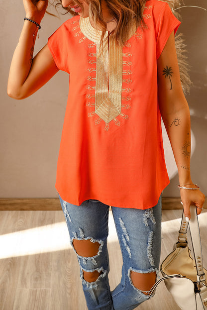 Embroidered Short Sleeve Blouse