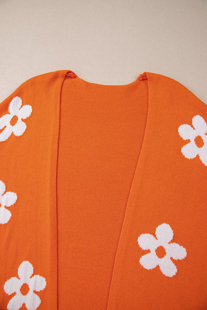 Orange Flower Pattern Drop Shoulder Plus Size Cardigan