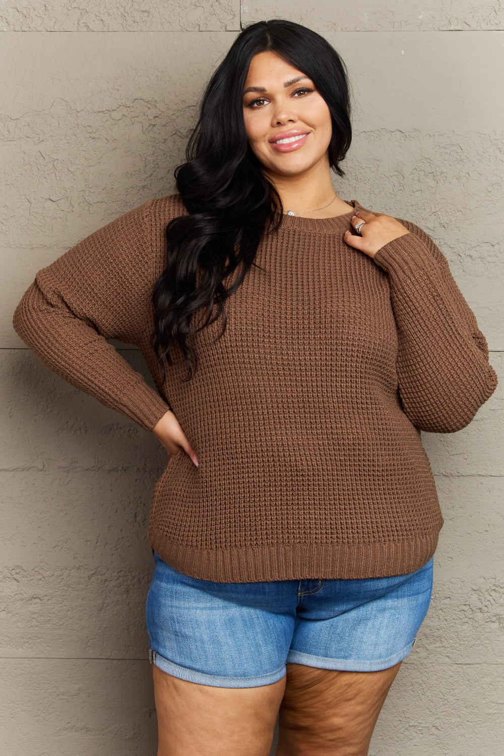 Zenana Breezy Days Plus Size High Low Waffle Knit Sweater Brown