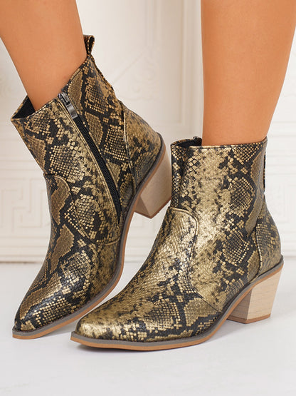 PU Leather Snakeskin Print Block Heel Boots Gold