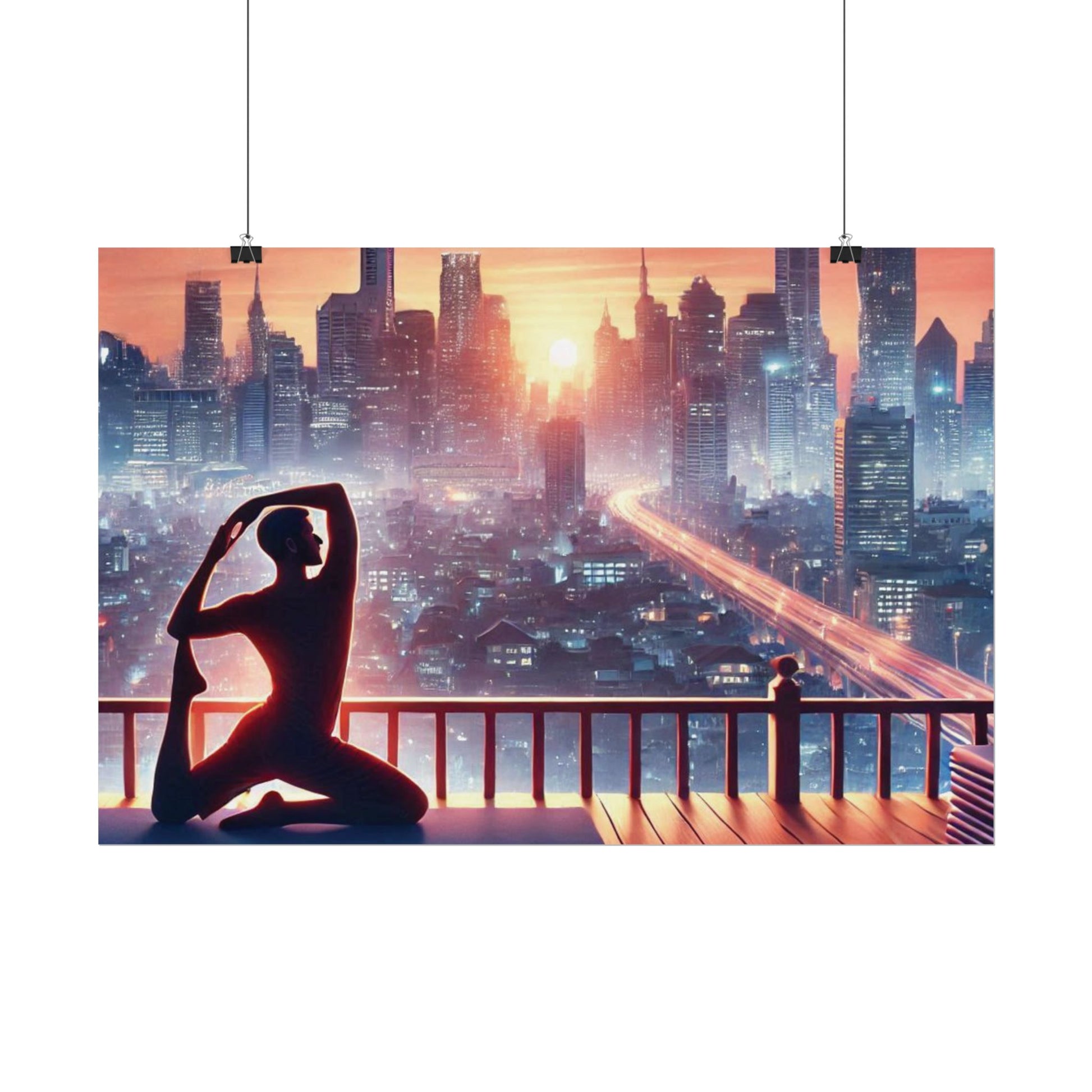 Yoga Poster, Cityscape Sunset Art, Rolled Wall Art, Pink Orange Skyline Decor, Urban Zen Meditation, Rooftop Exercise Print, Relaxation Gift