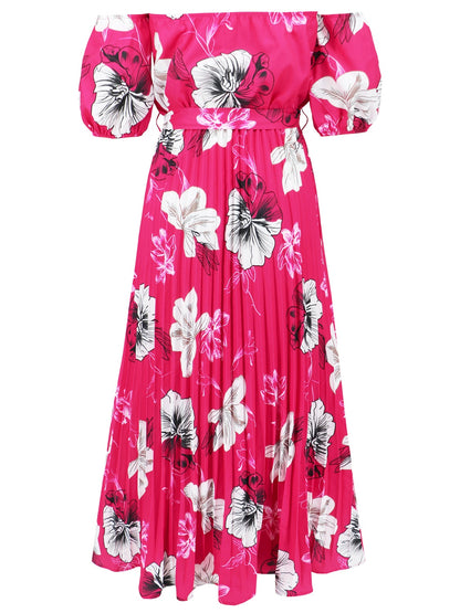 Pleated Floral Off-Shoulder Short Sleeve Midi Dress