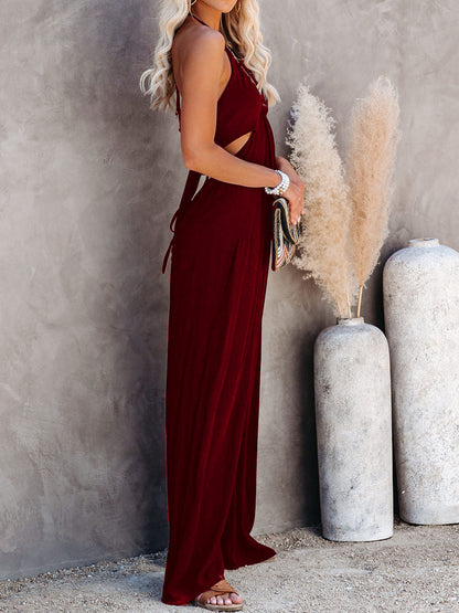 Halter Neck Wide Leg Jumpsuit Burgundy