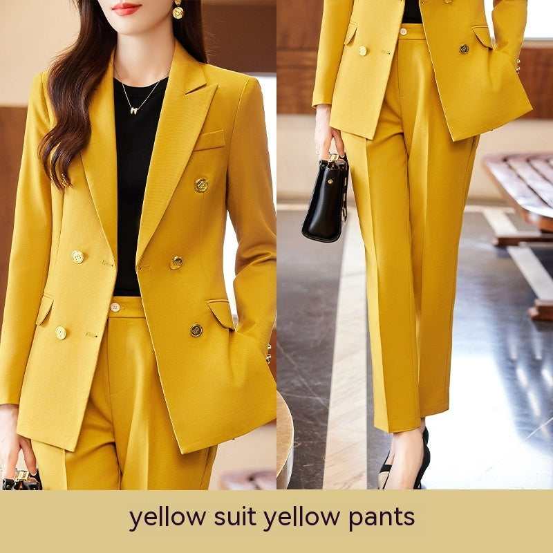 Caramel Suit Women's Fashion Temperament Double Breasted High Sense Slim Fit Suits Yellow Suit Pants