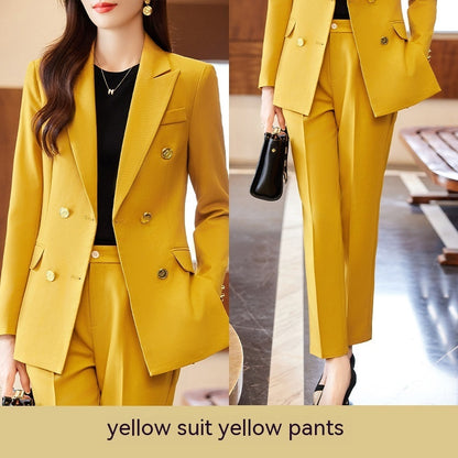 Caramel Suit Women's Fashion Temperament Double Breasted High Sense Slim Fit Suits Yellow Suit Pants