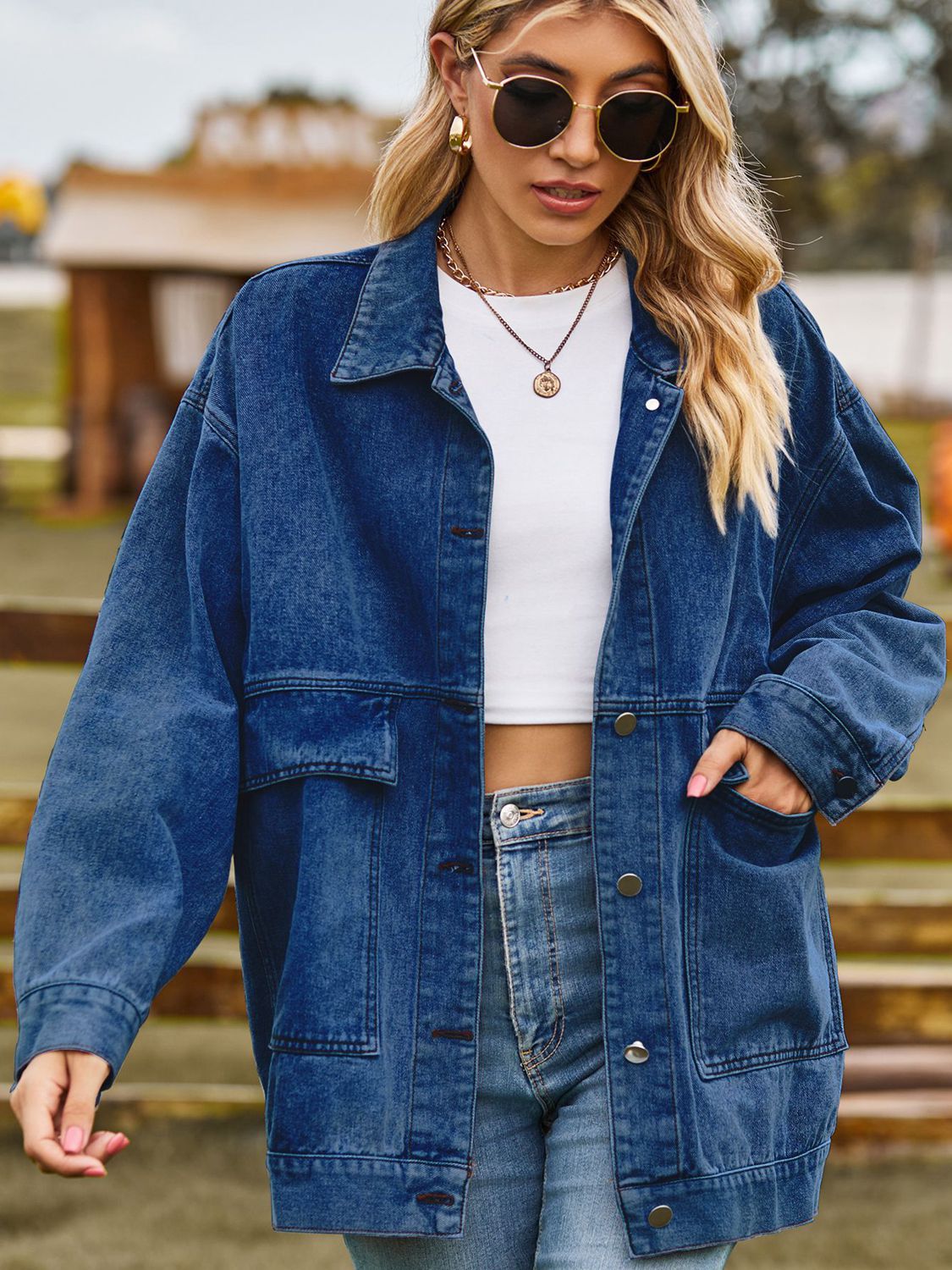 Dropped Shoulder Denim Jacket with Pockets Medium