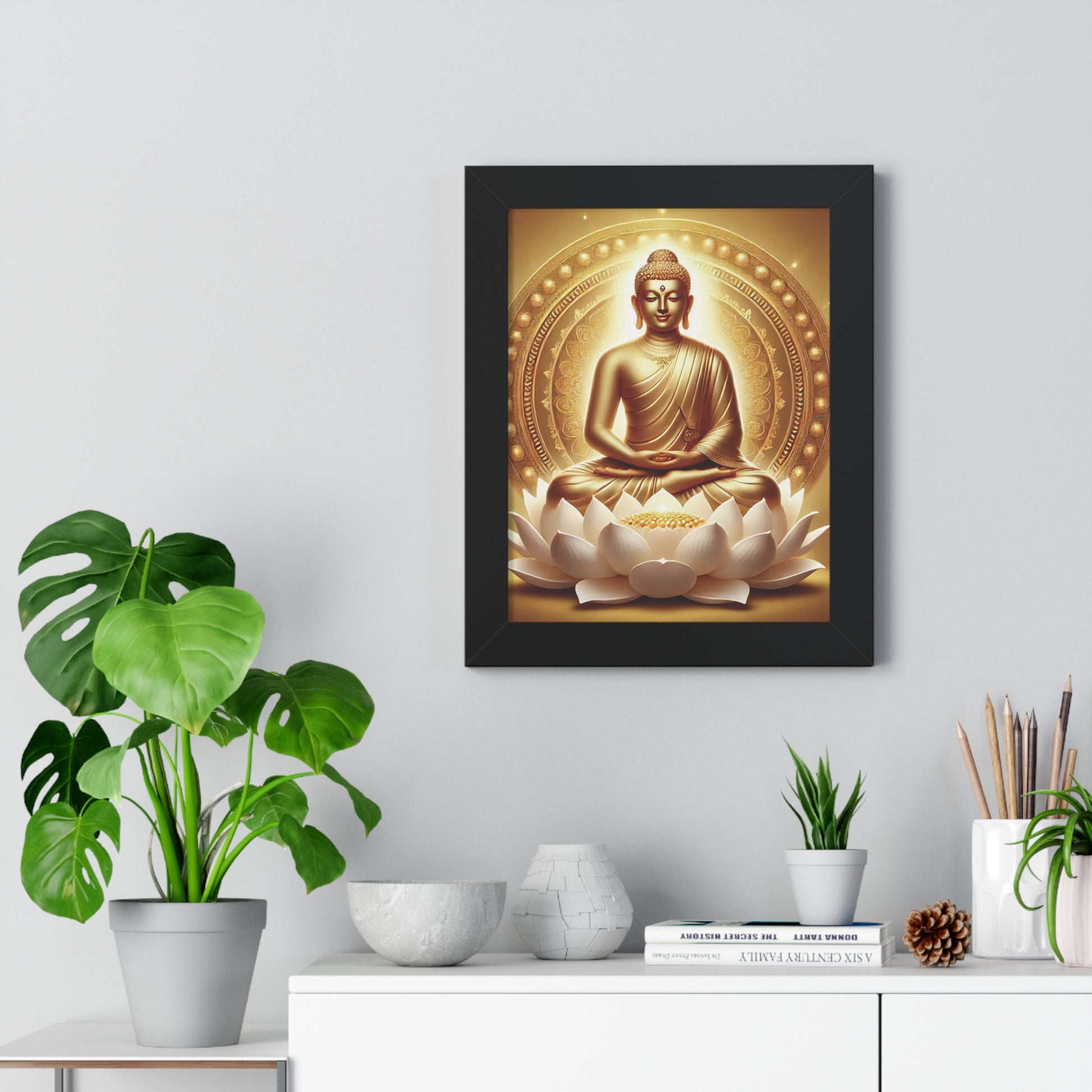 Vertical Poster, Mahavira Meditation Wall Art, Zen Serene Lotus Flower Decor, Spiritual Enlightenment Print, Golden Light Artwork, Yoga Room