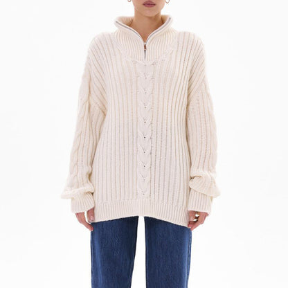 Ribbed Half Zip Long Sleeve Sweater White