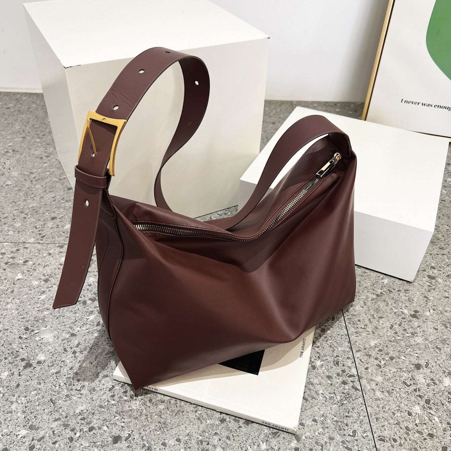 Adjustable Strap PU Leather Handbag Brown One Size