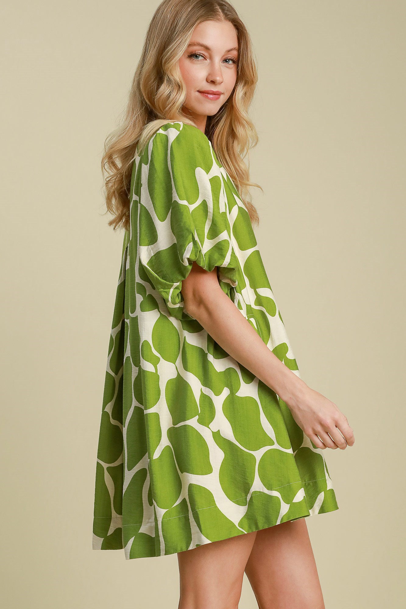 Umgee Two Tone Abstract Print Puff Sleeve Dress