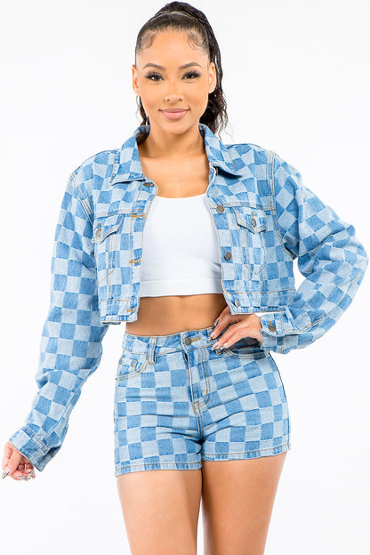 American Bazi Checkered Long Sleeve Cropped Denim Jacket Blue