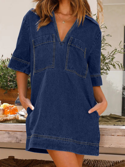 Johnny Collar Half Sleeve Denim Dress Dark Blue