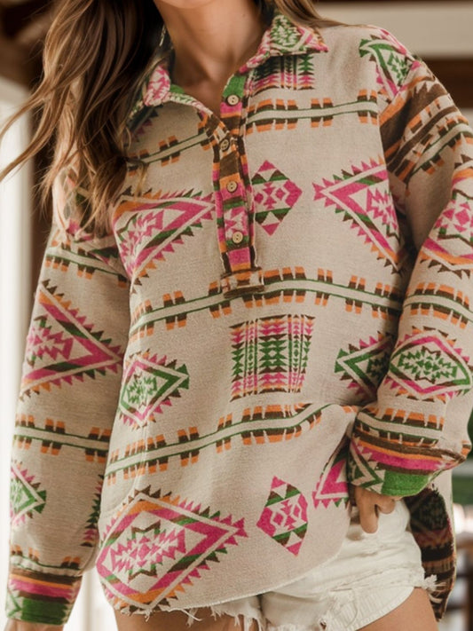 Geometric Half Button Long Sleeve Sweatshirt Tan