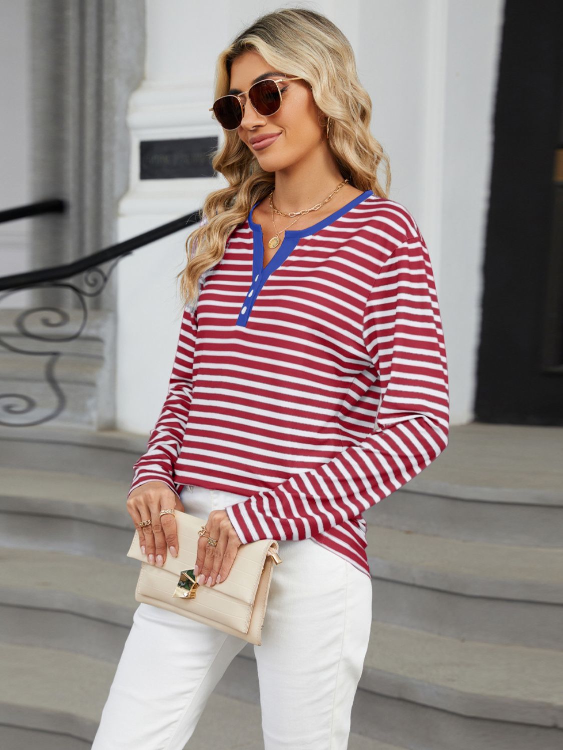 Striped Notched Long Sleeve T-Shirt Deep Red