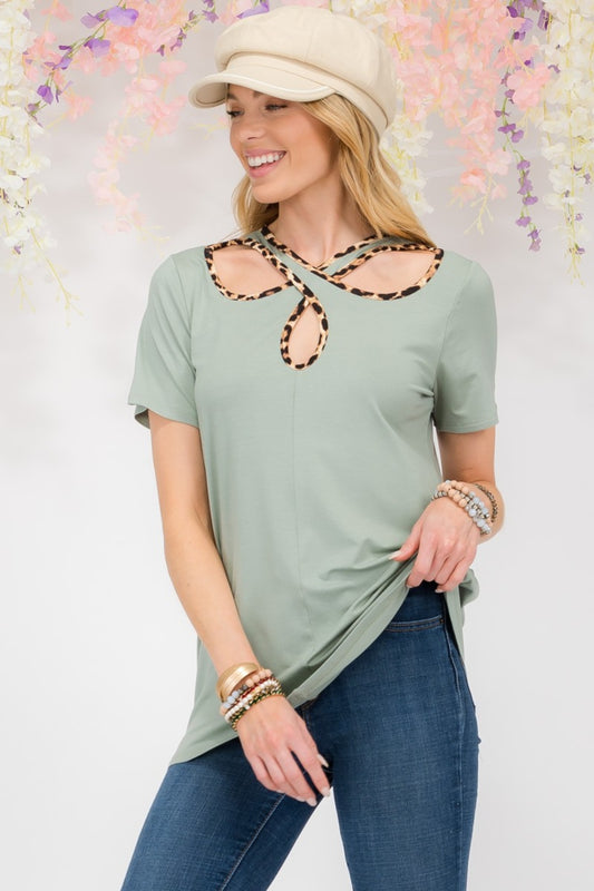 Celeste Full Size Crisscross Cutout Leopard Contrast Trim T-Shirt Sage