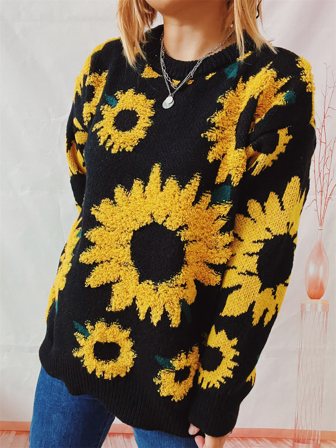 Sunflower Dropped Shoulder Long Sleeve Sweater Black