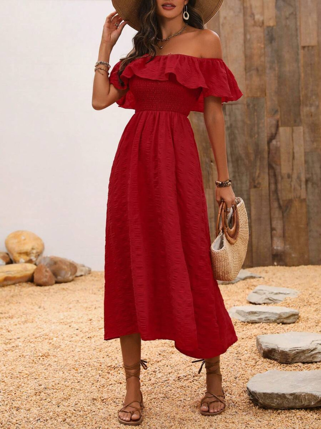 Slit Off-Shoulder Short Sleeve Midi Dress Rust