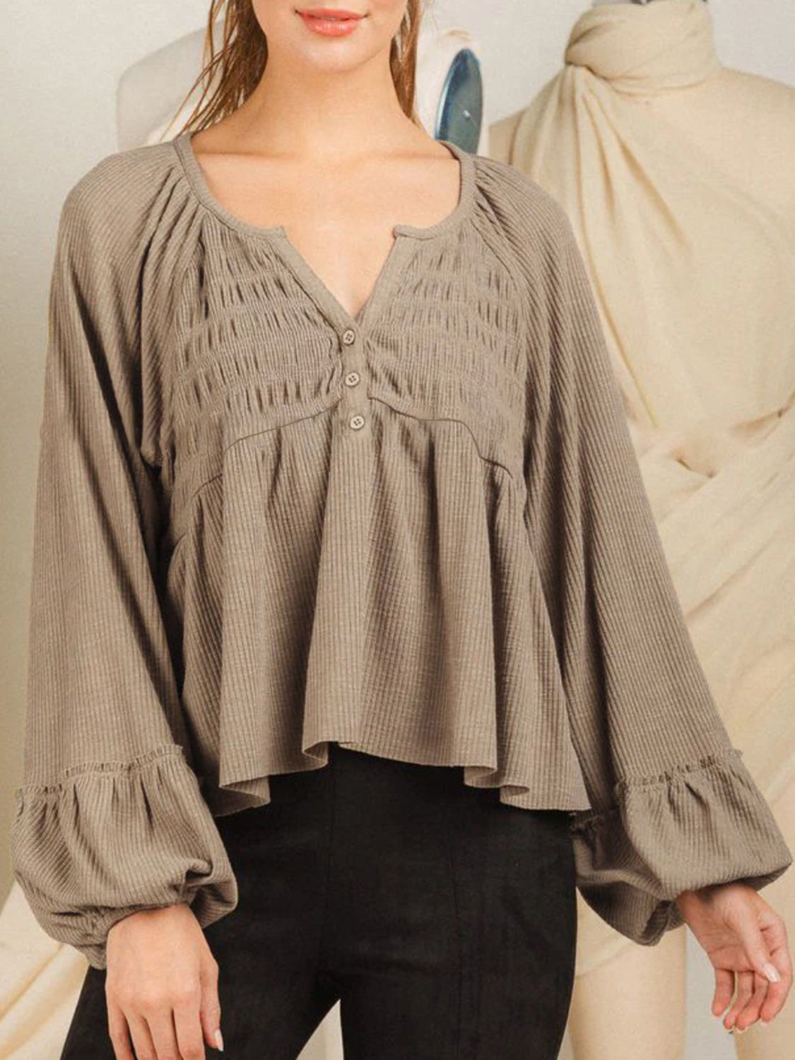 Notched Balloon Sleeve Peplum Blouse Mocha