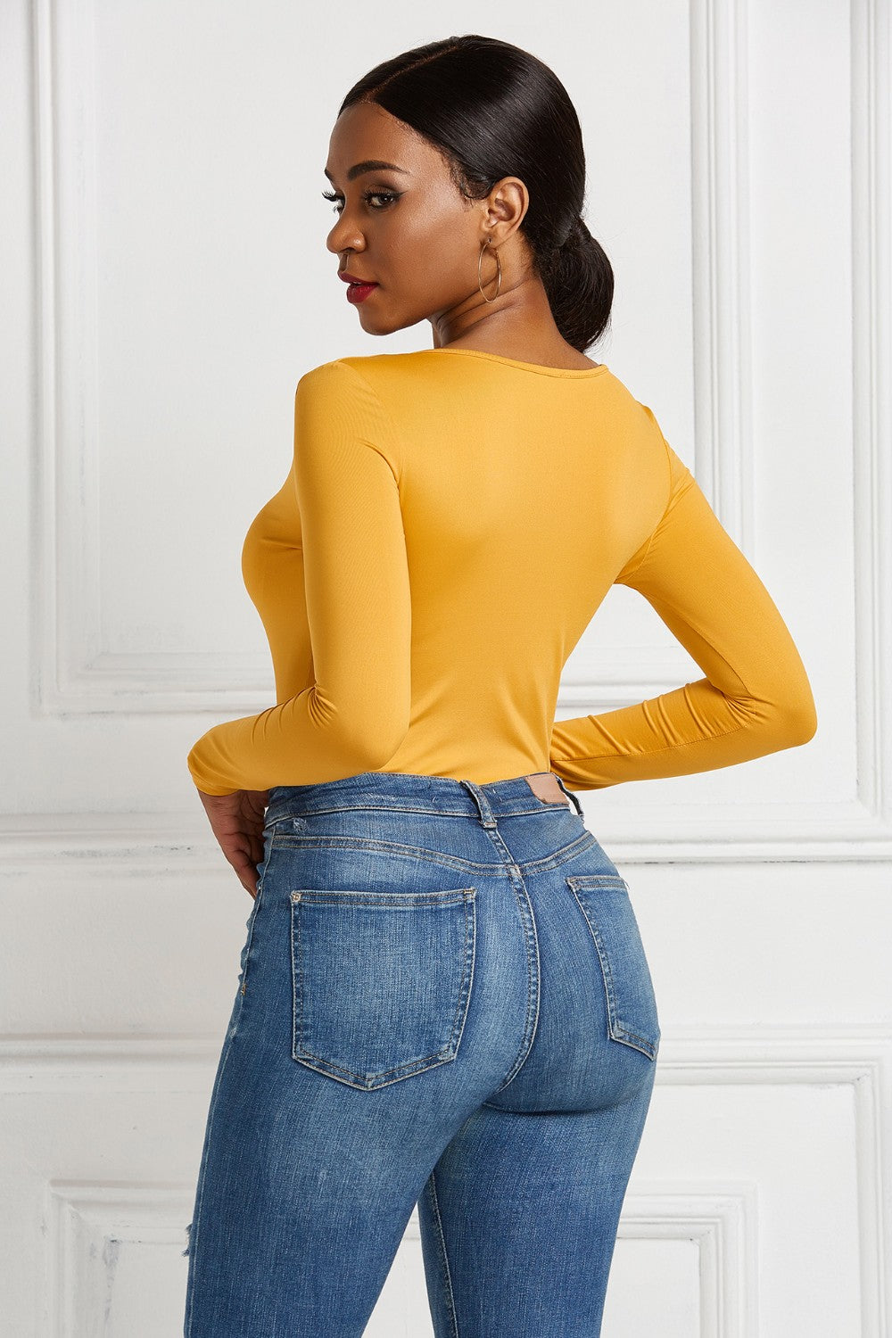 Half Zip Scoop Neck Long Sleeve Bodysuit - Thandynie