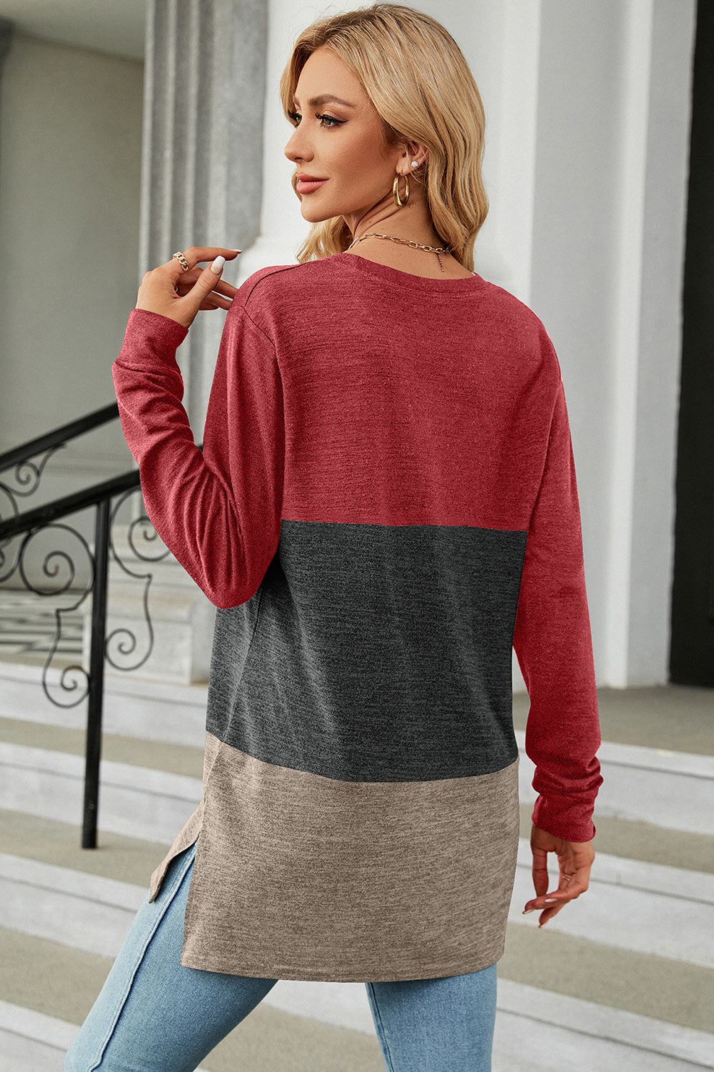 Color Block Round Neck Long Sleeve T-Shirt