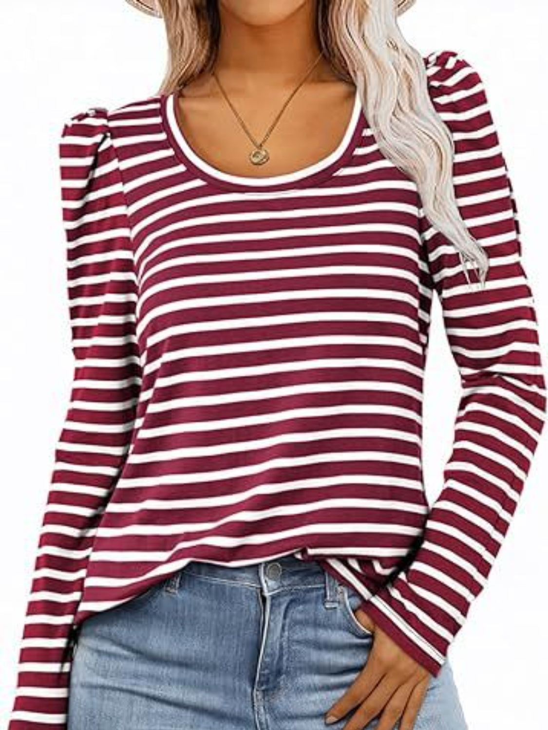 Striped Round Neck Long Sleeve T-Shirt Burgundy