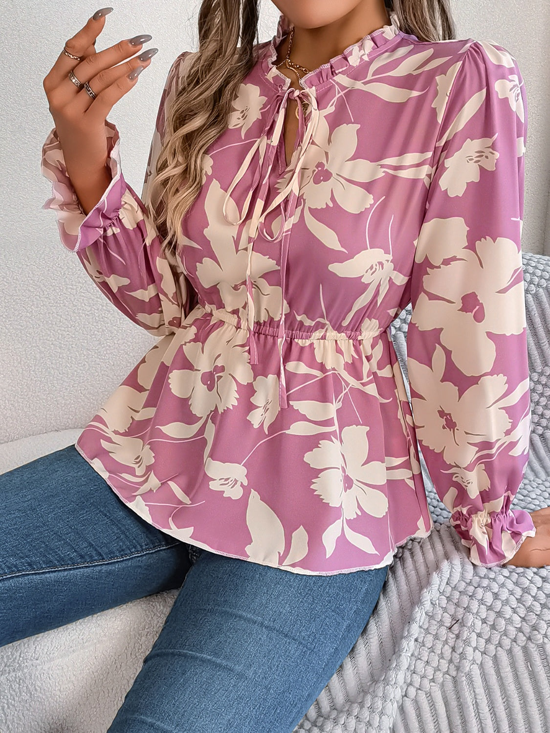 Printed Tie Neck Flounce Sleeve Blouse