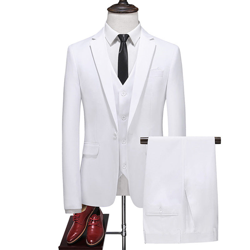 Men's Three-Piece Solid Color Suit for Evening Events, Banquets, or Weddings. White