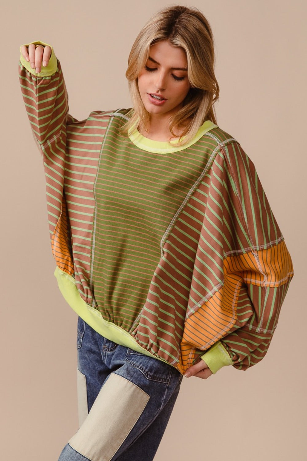 BiBi Color Block Striped Round Neck Sweatshirt Olive Latte