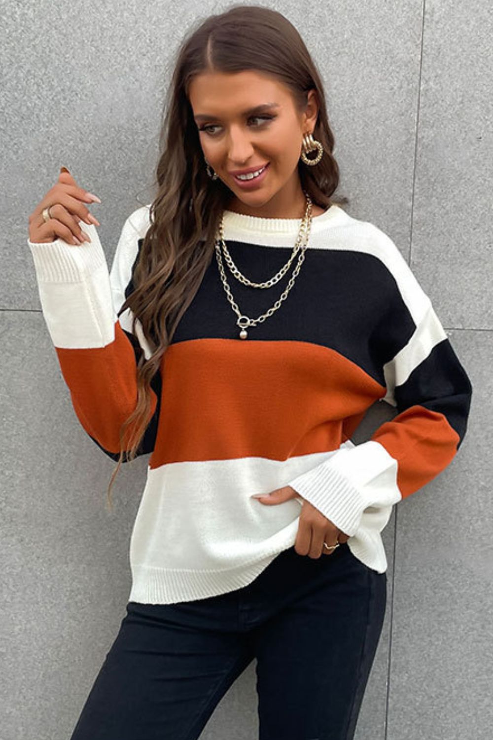 Longing For Fall Color Block Sweater | Cozy Round Neck, Dropped Shoulders & Ribbed Design Brown