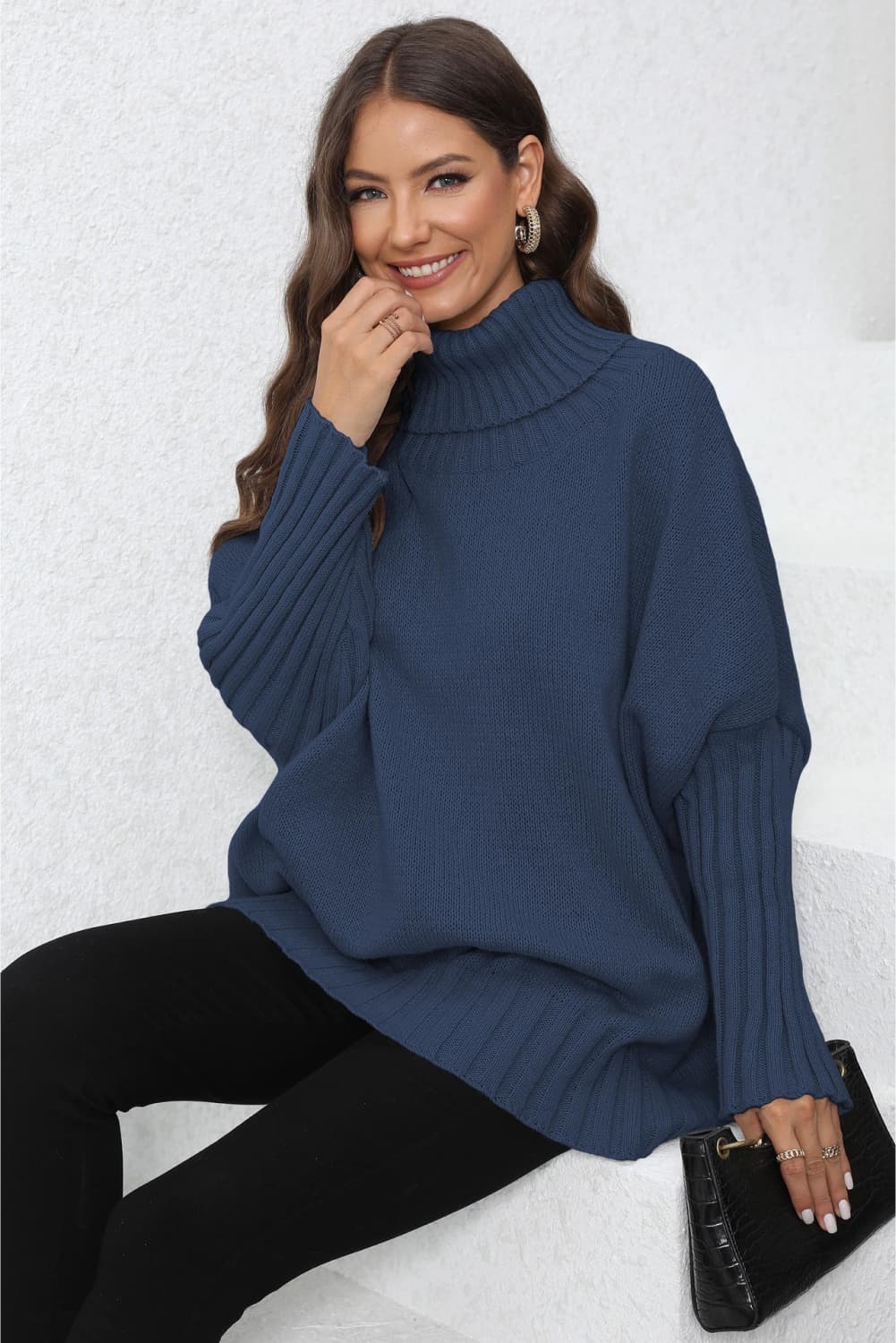 Turtle Neck Long Sleeve Ribbed Sweater