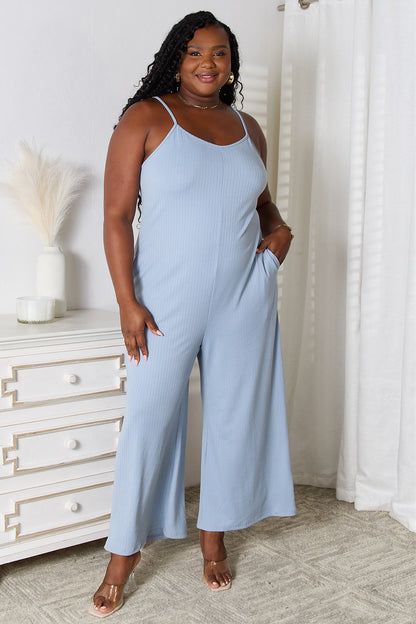 Basic Bae Full Size Spaghetti Strap V-Neck Jumpsuit Light Blue