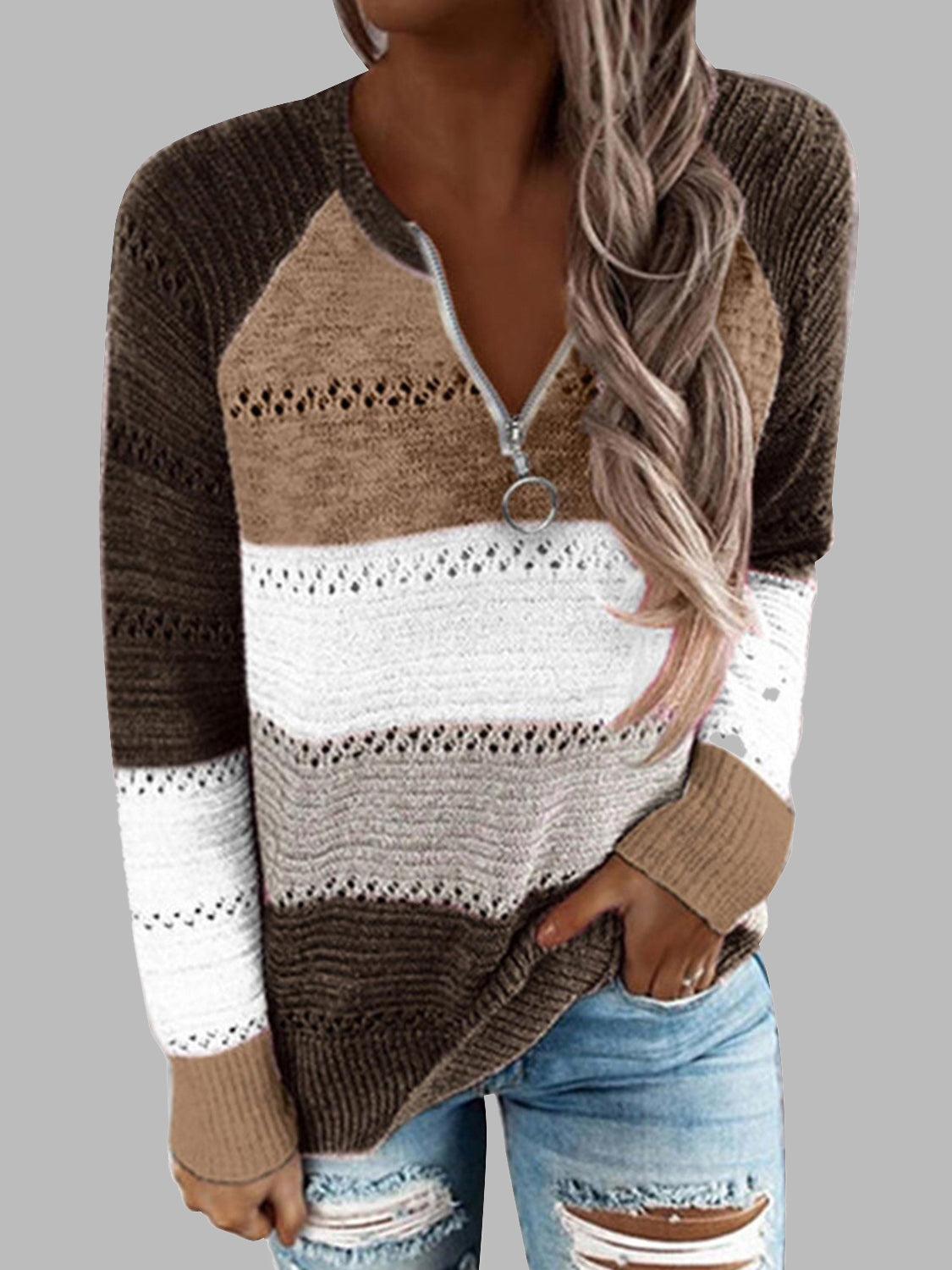 Full Size Color Block Half Zip Sweater Mocha