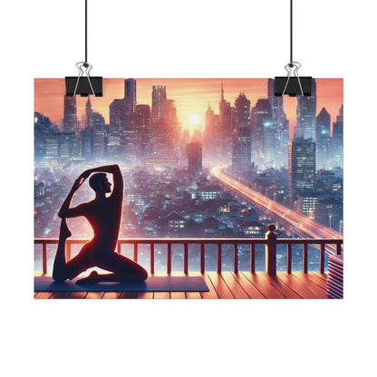 Yoga Poster, Cityscape Sunset Art, Rolled Wall Art, Pink Orange Skyline Decor, Urban Zen Meditation, Rooftop Exercise Print, Relaxation Gift