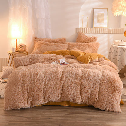 Luxury Thick Fleece Duvet Cover Queen King Winter Warm Bed Quilt Cover Pillowcase Fluffy Plush Shaggy Bedclothes Bedding Set Winter Body Keep Warm Camel