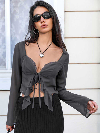 Tie Front Sweetheart Neck Blouses Dark Gray