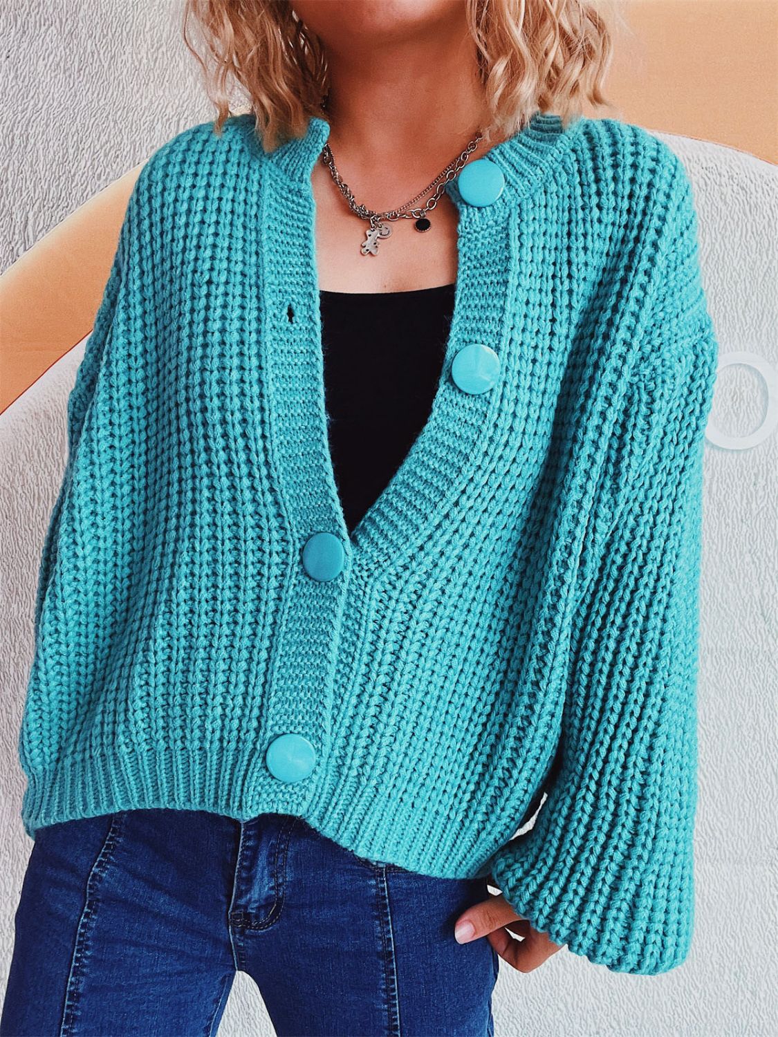 Button Up Long Sleeve Cardigan Tiffany Blue One Size