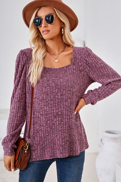 Ribbed Square Neck Long Sleeve T-Shirt Red-Violet