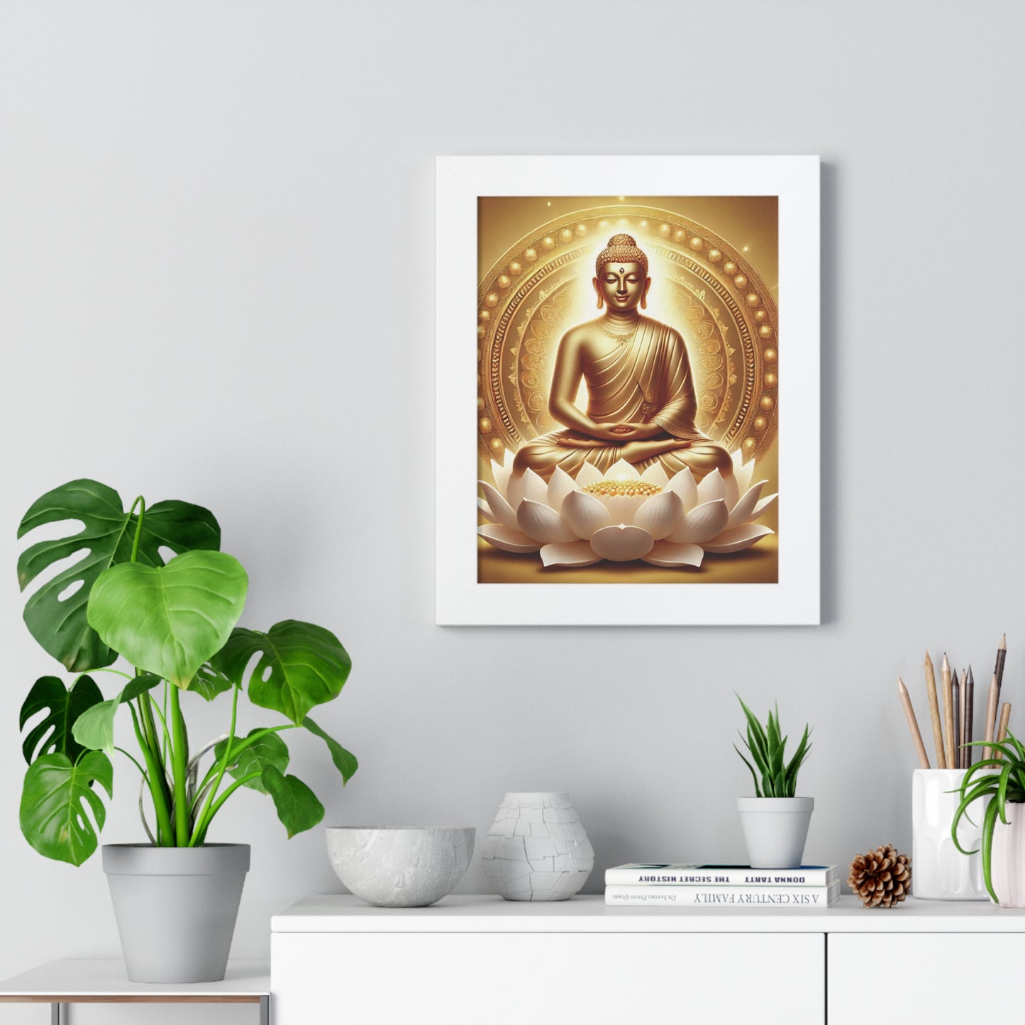 Vertical Poster, Mahavira Meditation Wall Art, Zen Serene Lotus Flower Decor, Spiritual Enlightenment Print, Golden Light Artwork, Yoga Room