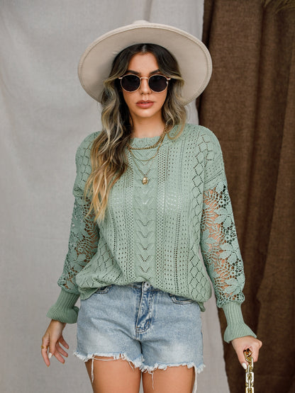 Eyelet Crochet Lantern Sleeve Sweater Light Green