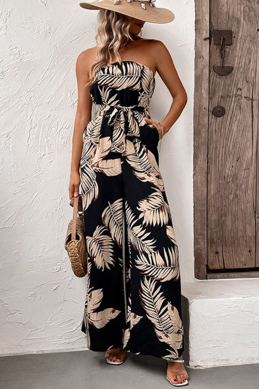 Printed Strapless Wide Leg Jumpsuit with Pockets Black