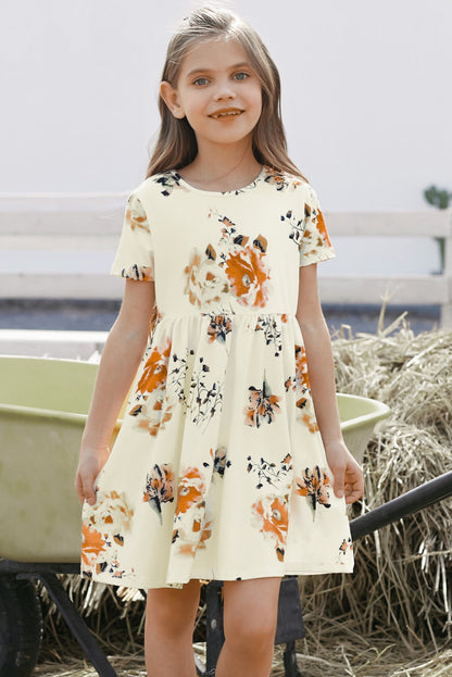 Girls Floral Short Sleeve Round Neck Dress Cream