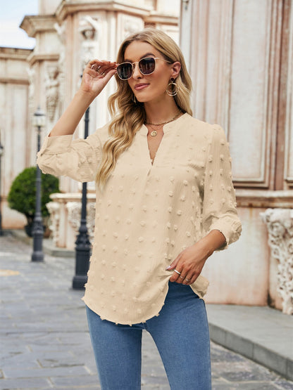 Swiss Dot Notched Neck Blouse Sand